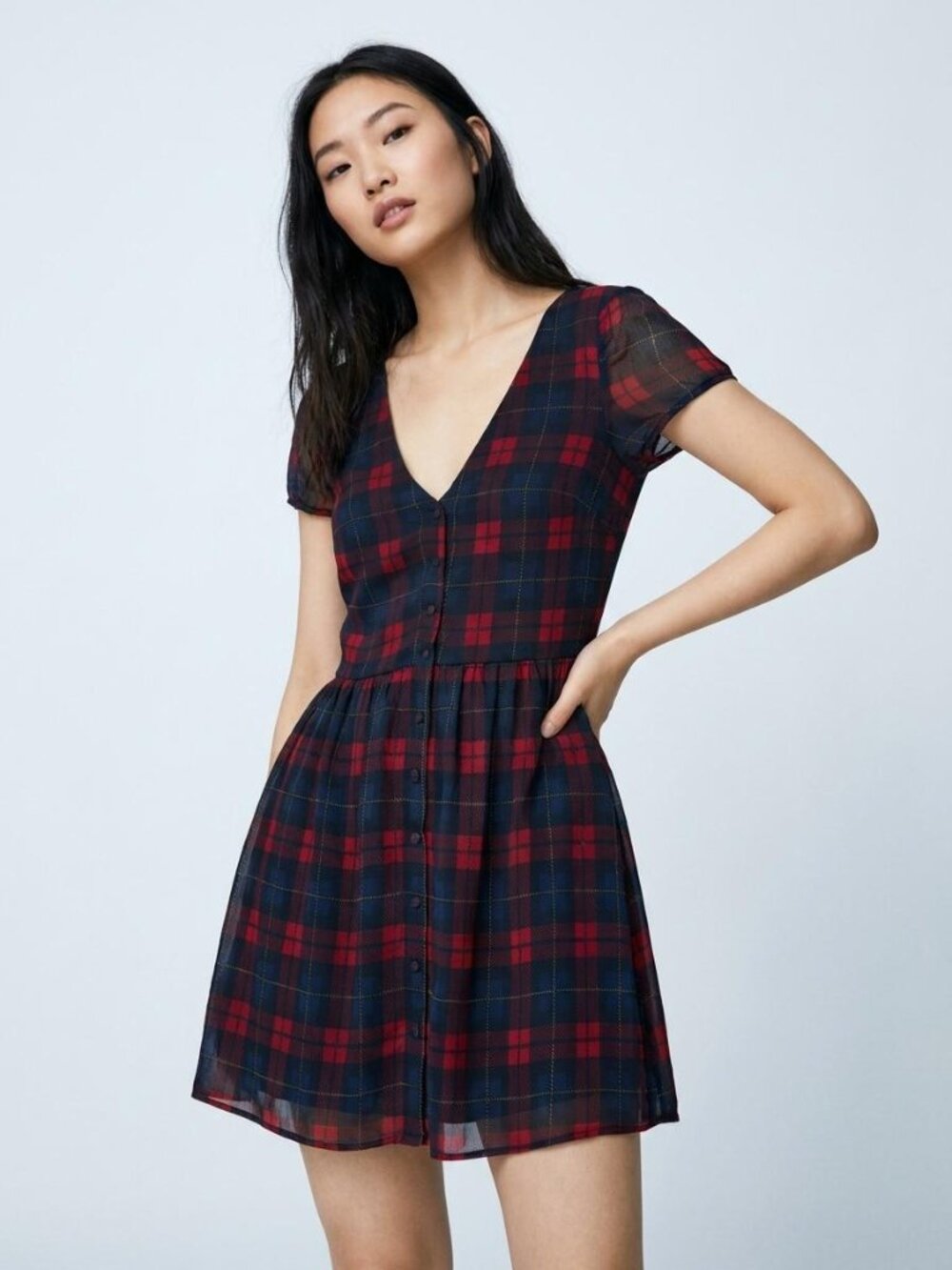 Zara Trafaluc Red Plaid Button-Front Mini Dress S